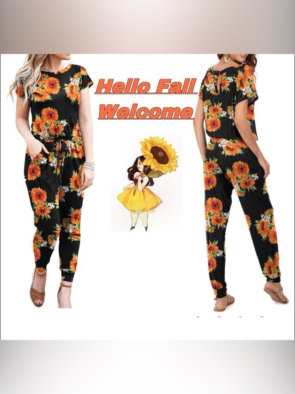 Women's Sunflower Print Jumpsuit - Black with Orange Floral